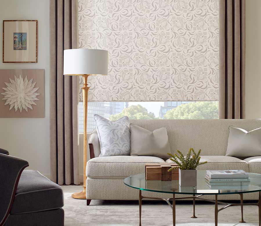 beige and cream living room with brown drapery custom window treatments in Omaha