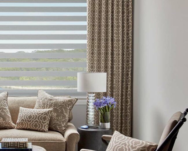 designer banded shades in neutrally styled living room