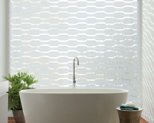 sheer bathroom shades that open with geometric laser cut pattern