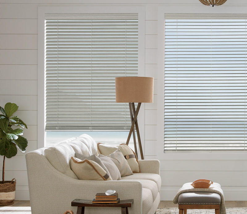 neutral living room with alternative wood blinds