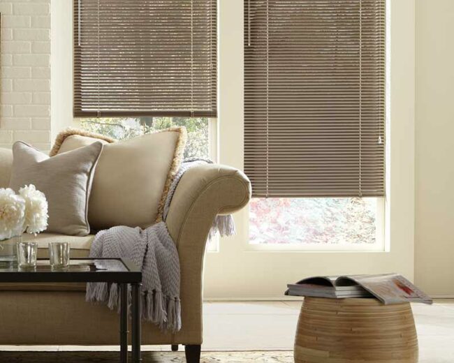 classic brown aluminum blinds in Omaha, NE living room