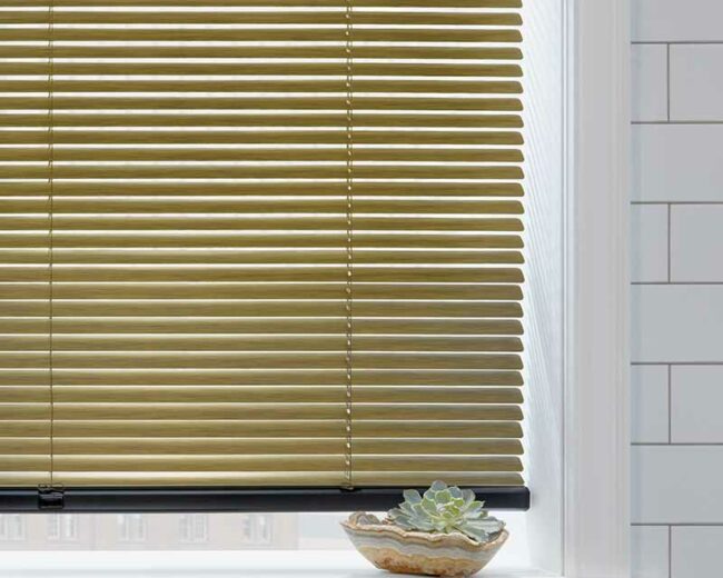 olive colored automated decor metal blinds in white modern bathroom Omaha, NE