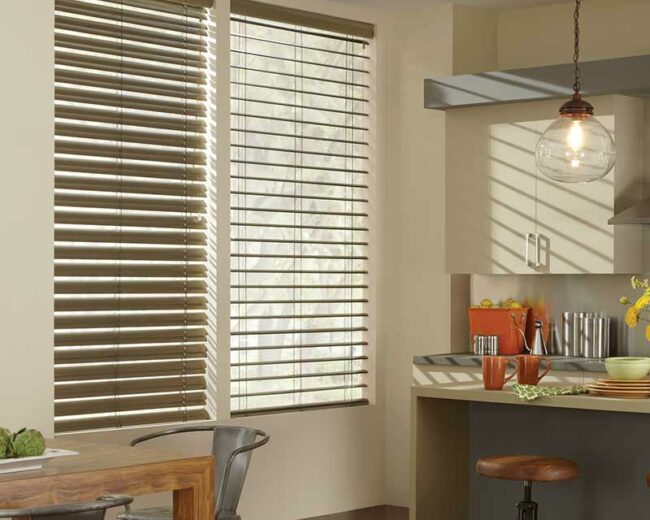 automated horizontal blinds in mid-century modern kitchen