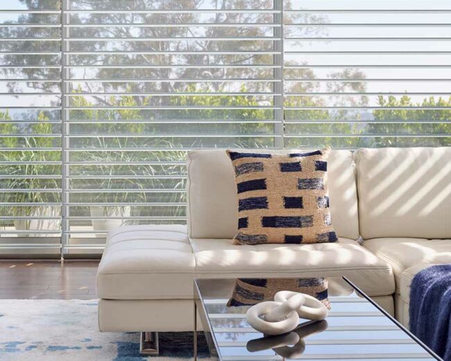 modern living room shades overlooking coastal garden