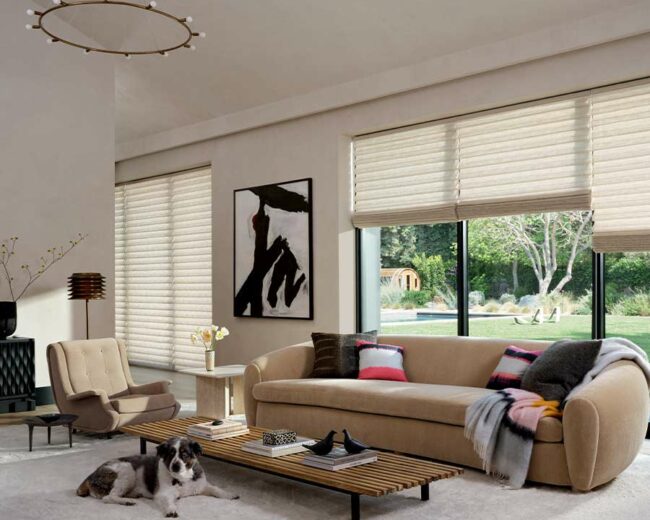 living room couch and chair large windows and soft fabric shades