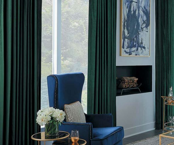 green velvet drapery custom window treatments