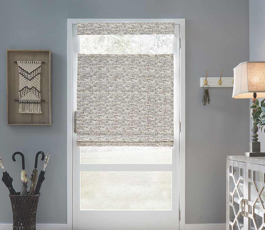 custom roman shades with top down bottom up feature on door