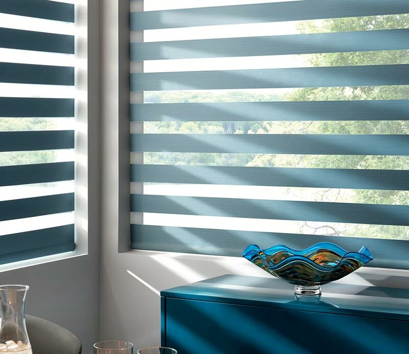 banded blinds with light filtering capabilities in dining room