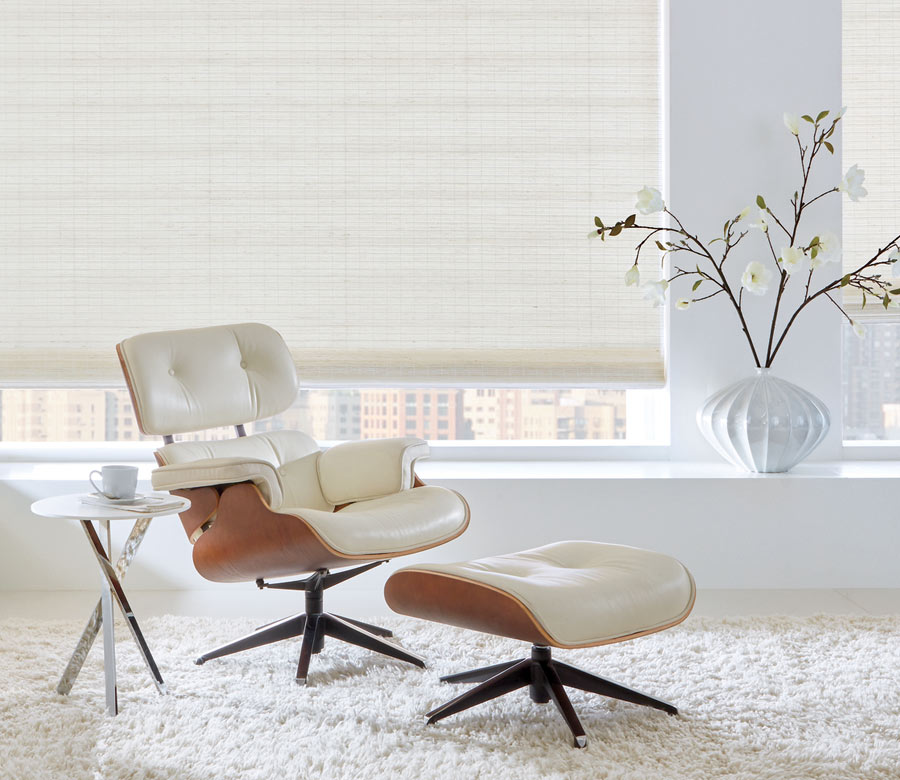 modern living room with creamy urban window treatments