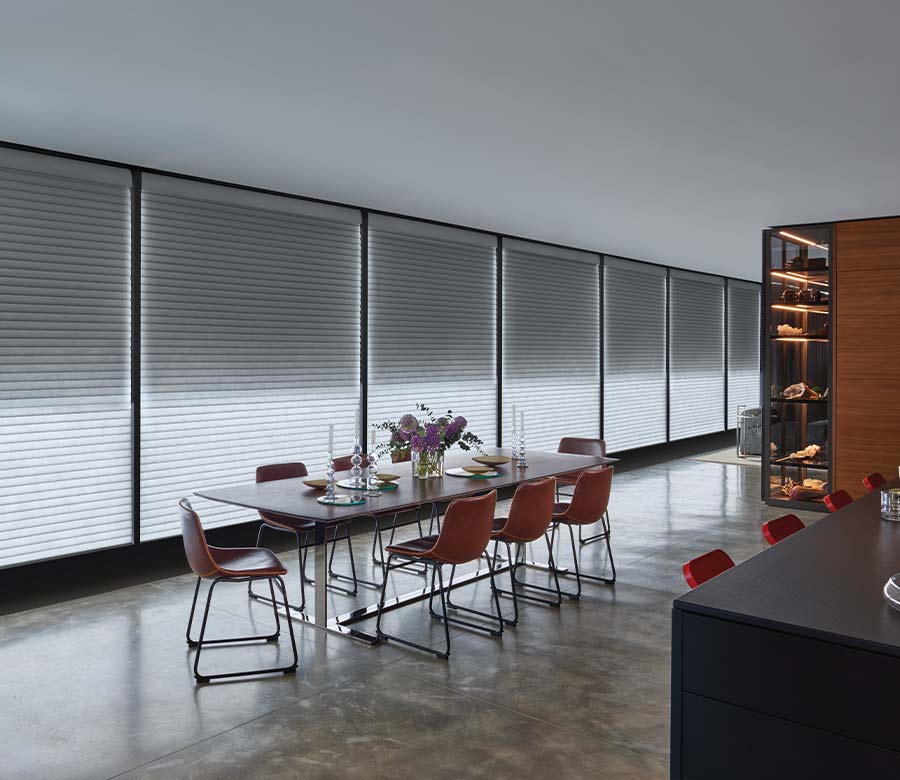 cool light coming from window shades in a modern dining room space