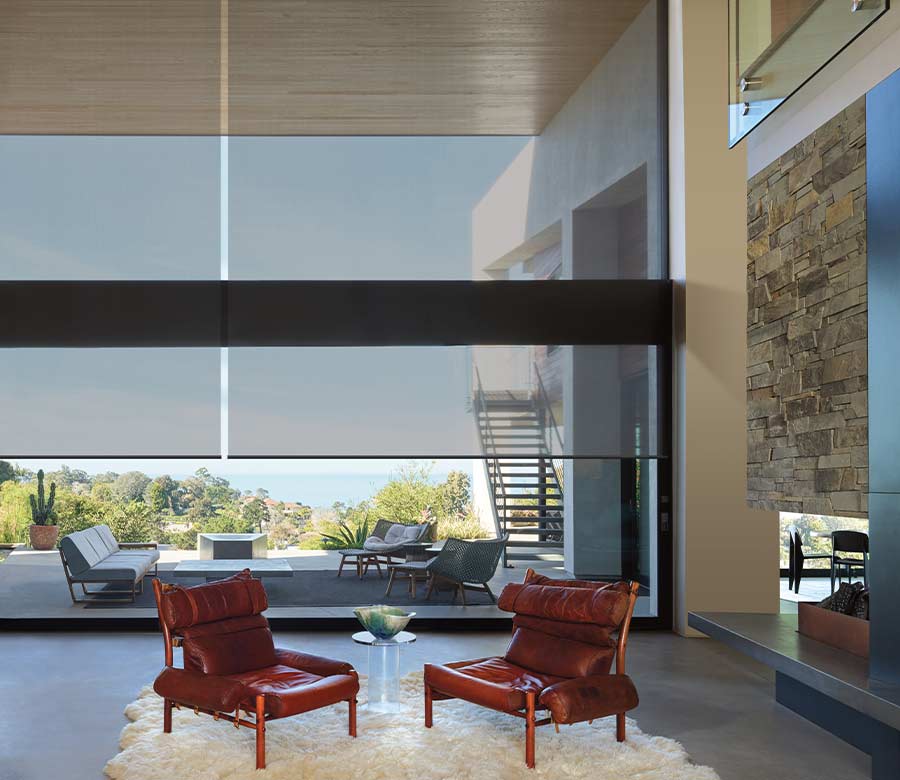 screen shades on two story floor to ceiling windows in Omaha