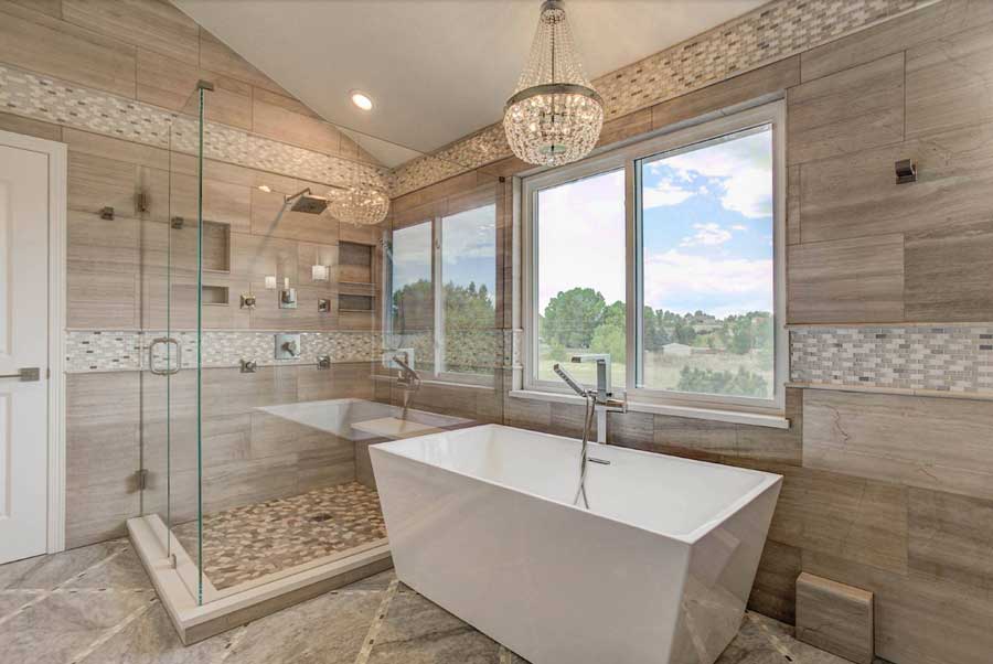 bathroom with chandelier