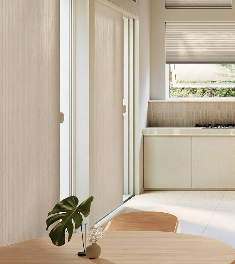 large glass doors in kitchen covered by vertical window shades in lincoln, ,nebraska