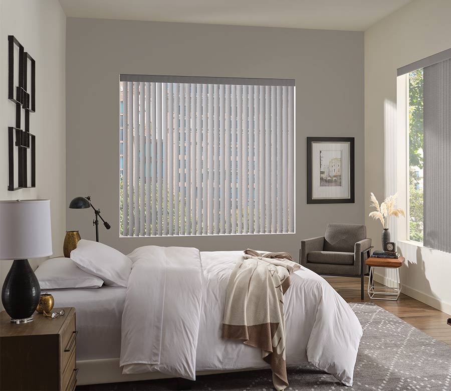 primary bedroom with modern appeal gray vertical window blind shades for light blocking