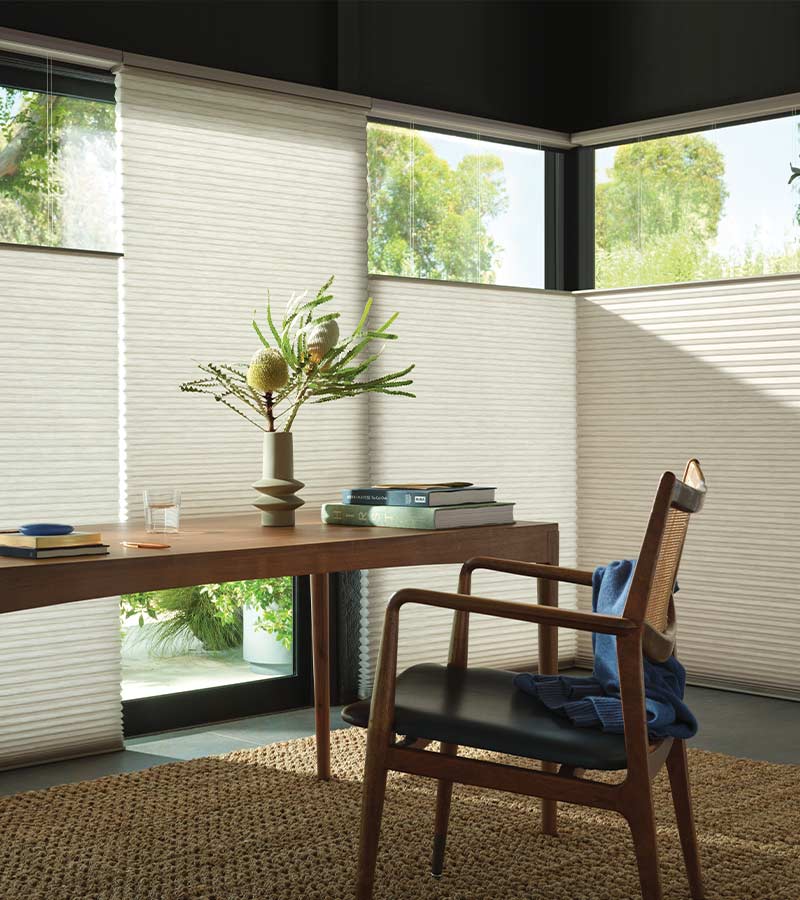 black trim windows covered by privacy window shades top down bottom up cellular shadings home office