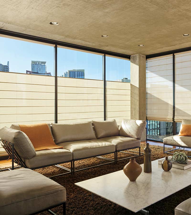 unique roller shade style from hunter douglas in modern living room with goldenrod color tones