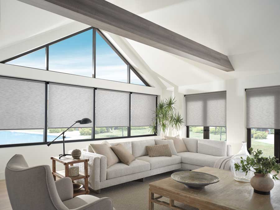 large windows with black trim in living room with gray roller shades