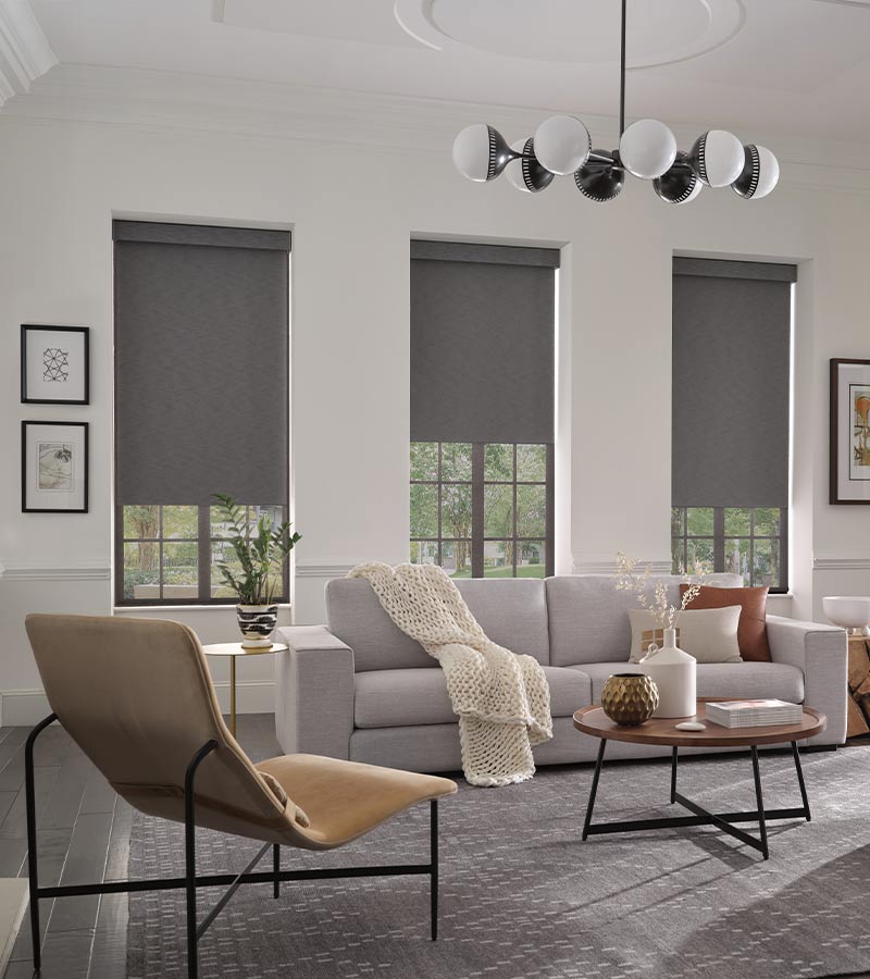 dark charcoal gray fabric roller blinds modern aesthetic style comfort energy efficient