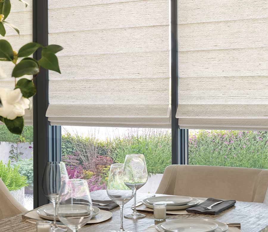 dining room window treatments on black trim windows hunter douglas modern roman shades automated