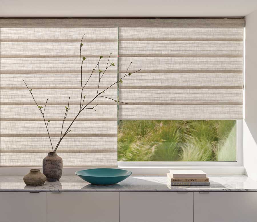 textured roman shades outside mount roll up into headrail on dining room windows with beige fabrics