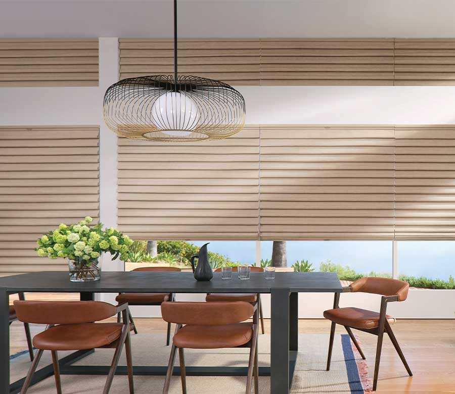 dining room window treatments on wide floor to ceiling windows with special order roman shades