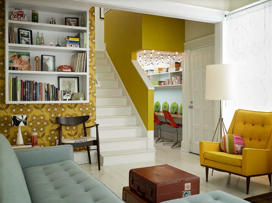 mustard yellow vintage living room