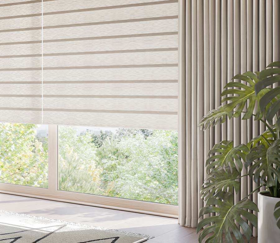 thermal drapes in dining room with rolling roman shades